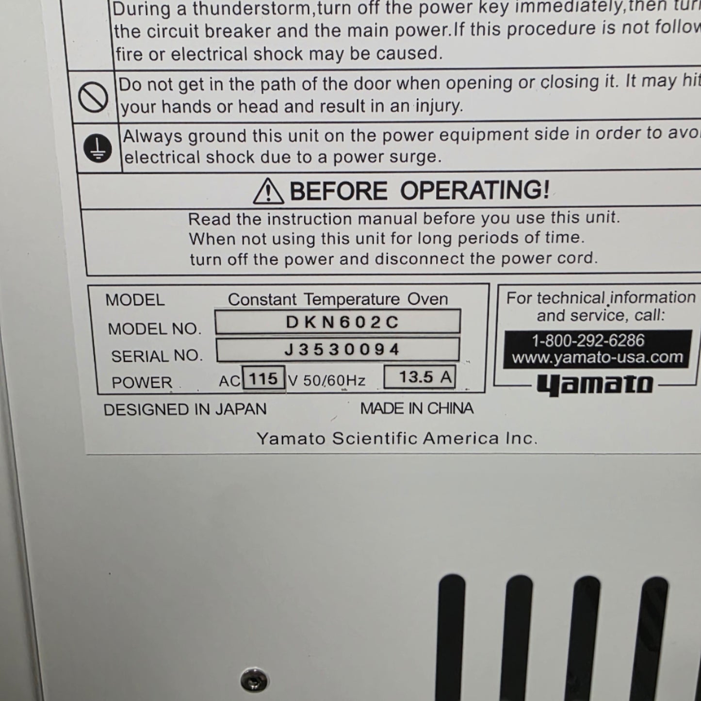 Used Yamato DKN602C Forced Convection Lab Oven 5.2CuFt, Amb To 260°C, 115VAC 13.5A