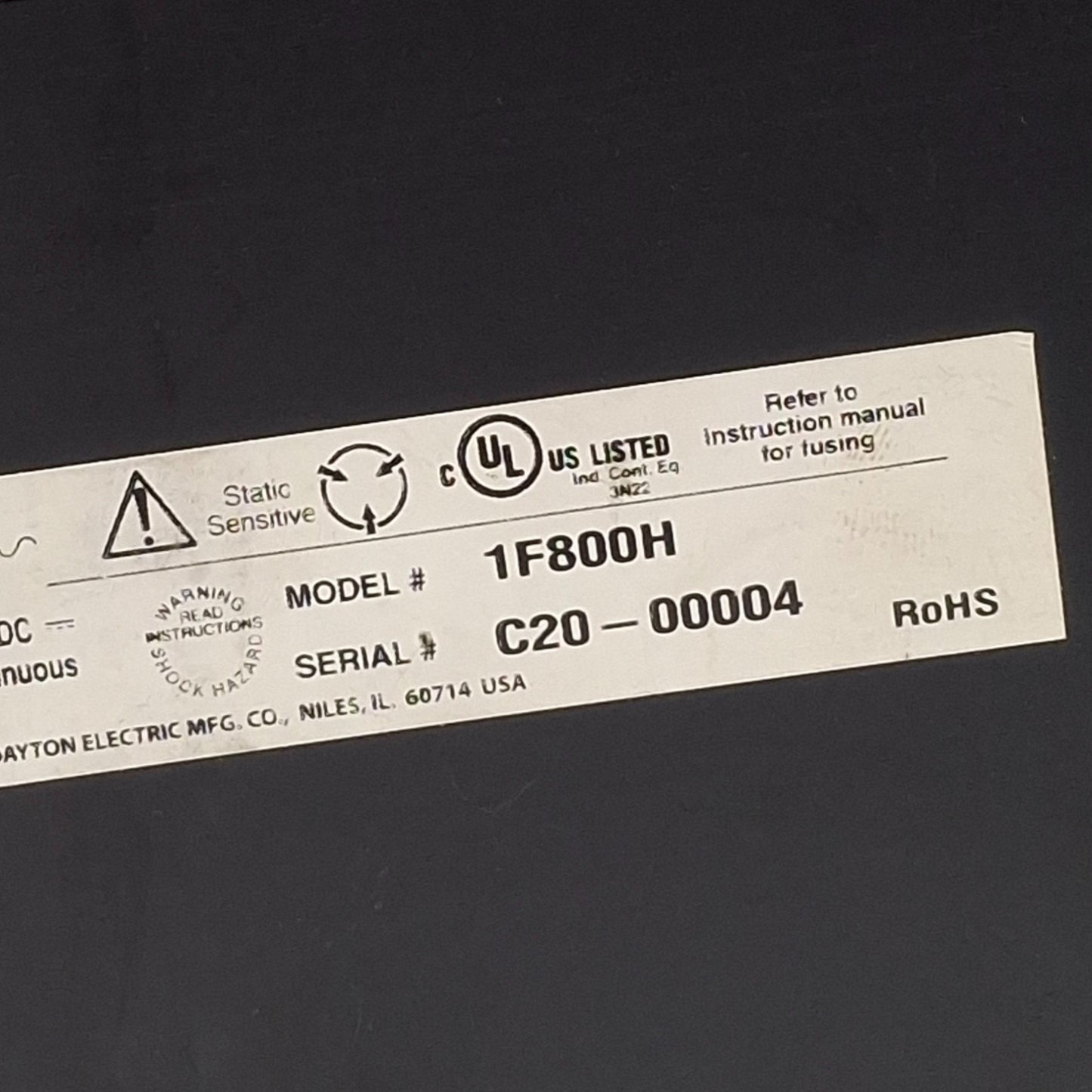 Used Dayton 1F800H Speed Controller, 120VAC Input, 90VDC Output, 9 Foot Cord