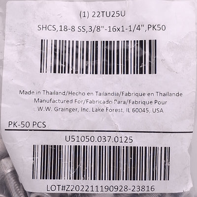 New Lot of 50 22TU25 U51050.037.0125 Socket Head Cap Screw, 3/8in-16 T x 1-1/4in L