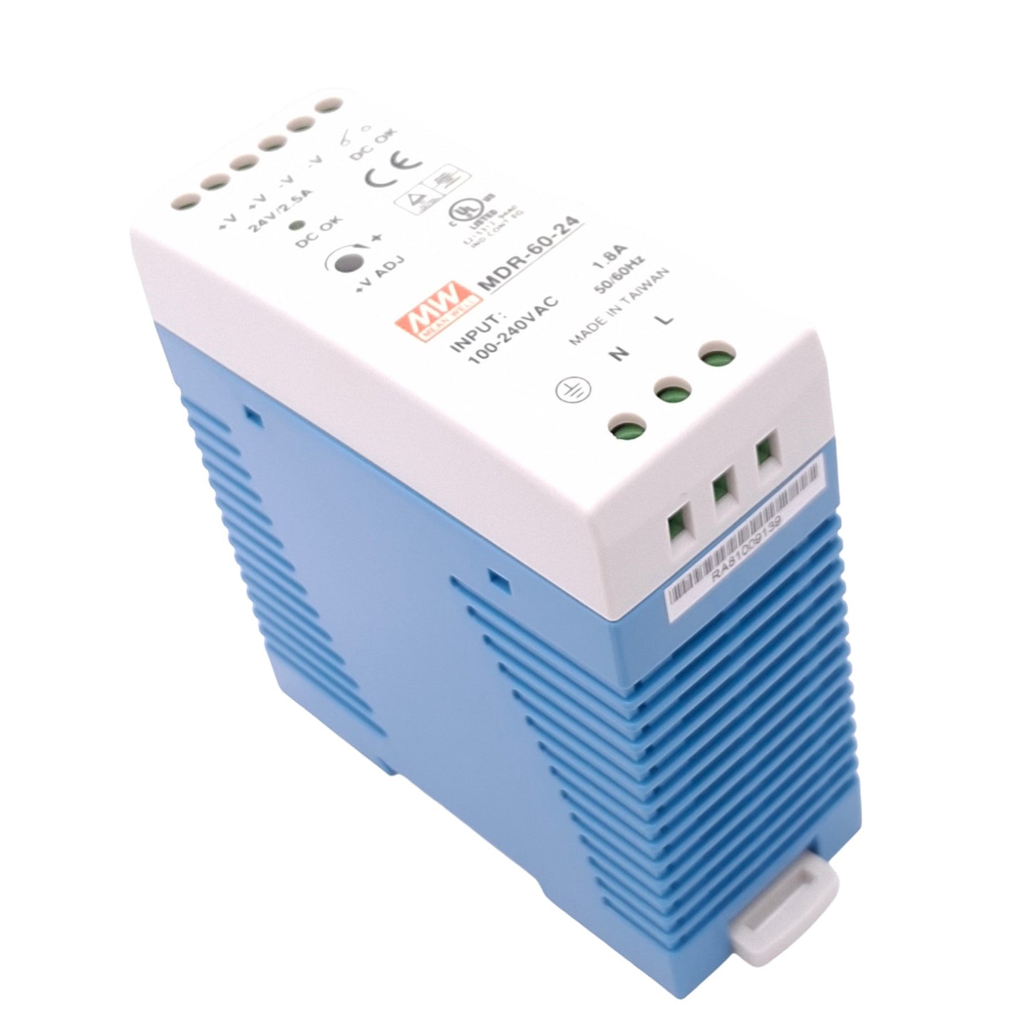 Used Meanwell MDR-60-24 Power Supply, 100-240VAC In, 24VDC 2.5A Out, 60W Max