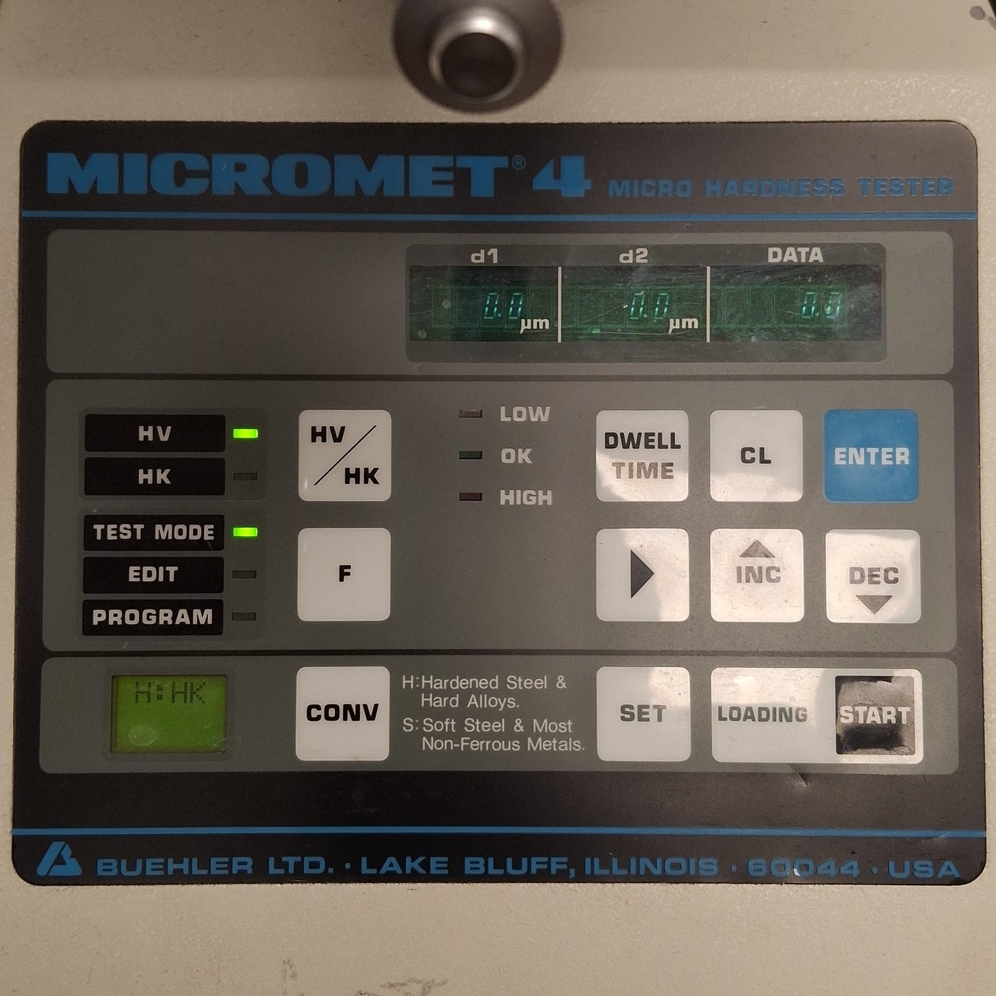 Used Beuhler Micromet 4 Micro Hardness Tester, RS232C, IEEE 488 GPIB, 110VAC *Lens*