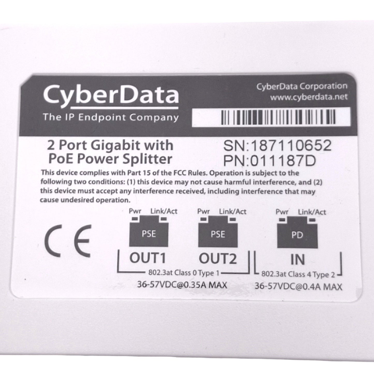 New – Open box CyberData 011187D Gigabit Switch w/ PoE Power Splitter, 2-Port, RJ45, 36-56VDC