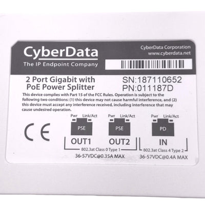 New – Open box CyberData 011187D Gigabit Switch w/ PoE Power Splitter, 2-Port, RJ45, 36-56VDC