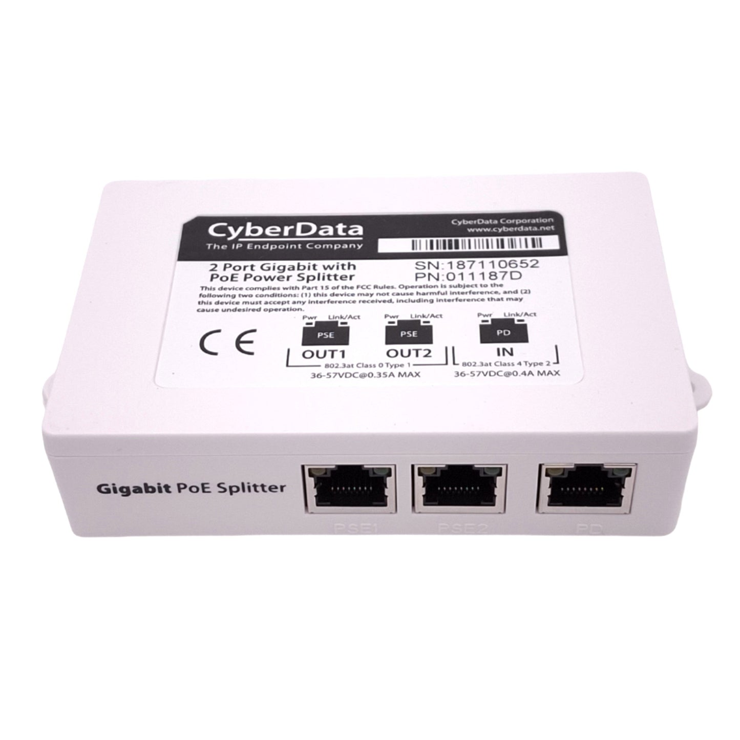 New – Open box CyberData 011187D Gigabit Switch w/ PoE Power Splitter, 2-Port, RJ45, 36-56VDC