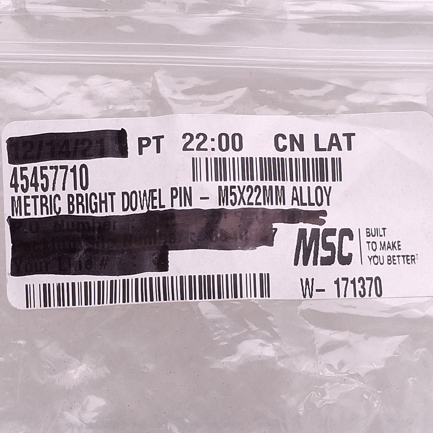 New Lot of 90 MSC 45457710 Bright Dowel Pin, ø5mm OD x 22mm OAL, Alloy Steel