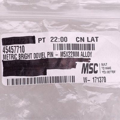 New Lot of 90 MSC 45457710 Bright Dowel Pin, ø5mm OD x 22mm OAL, Alloy Steel