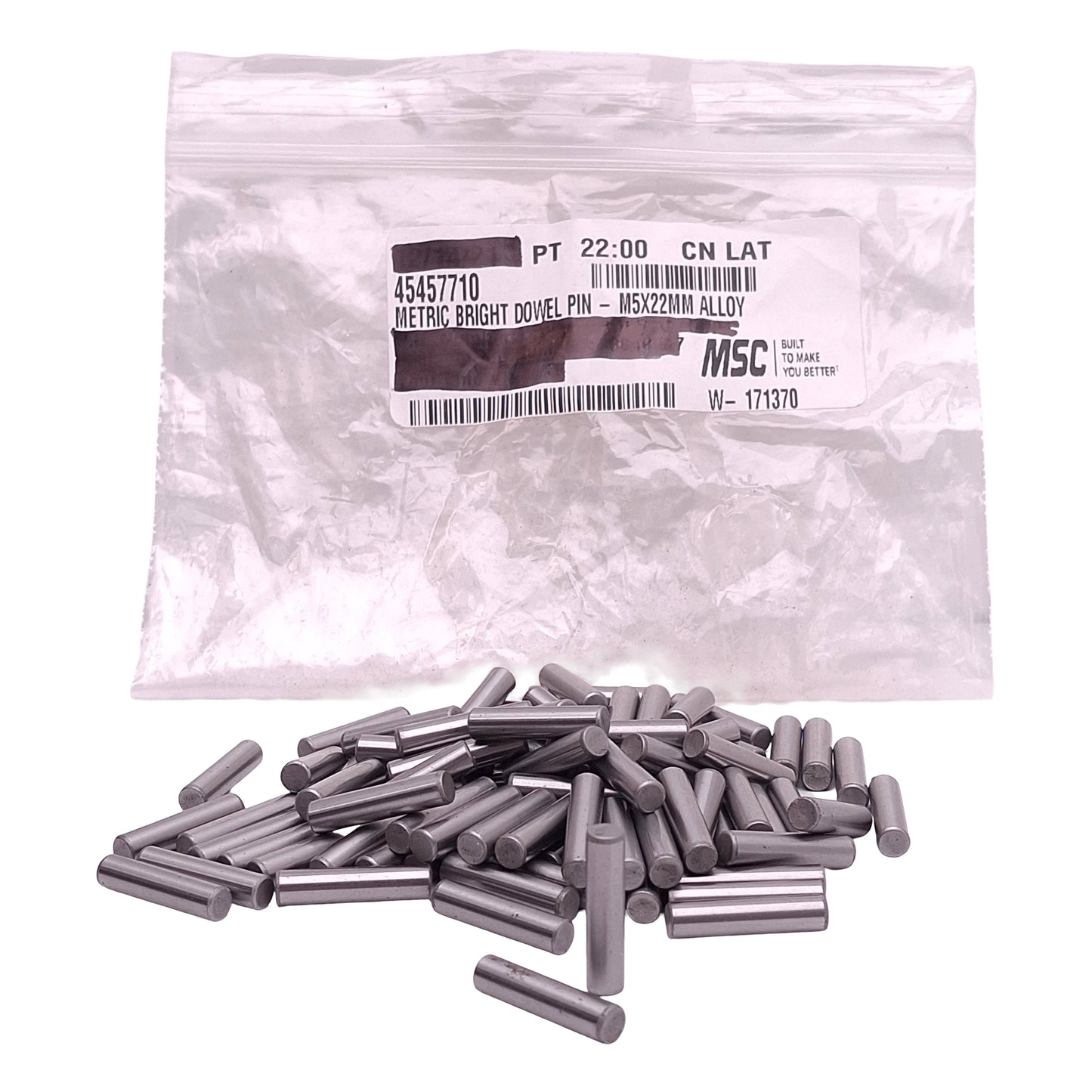 New Lot of 90 MSC 45457710 Bright Dowel Pin, ø5mm OD x 22mm OAL, Alloy Steel