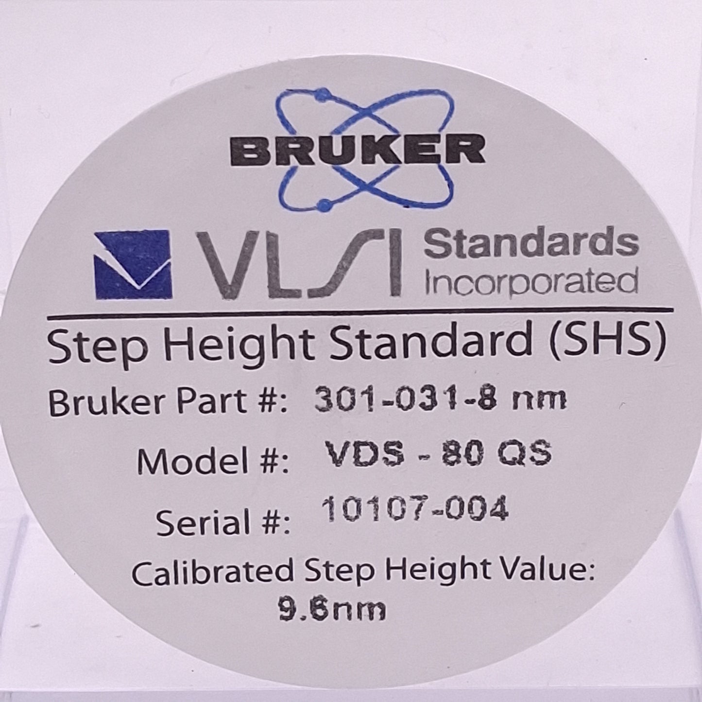 Used VLSI Standards VDS-80QS Step Height Standard Calibrator, 9.6nm, 1 x 1 x 0.23in