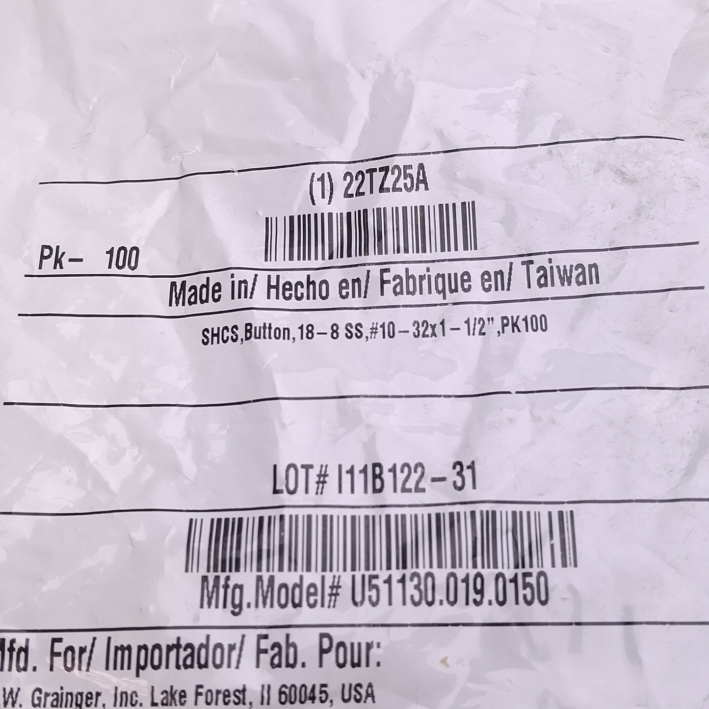 New Lot of 100 U51130.019.0150 22TZ25A Socket Head Cap Screw, #10-32 T x 1-1/2in L