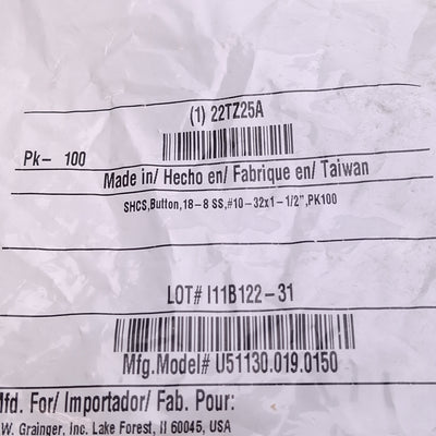 New Lot of 100 U51130.019.0150 22TZ25A Socket Head Cap Screw, #10-32 T x 1-1/2in L