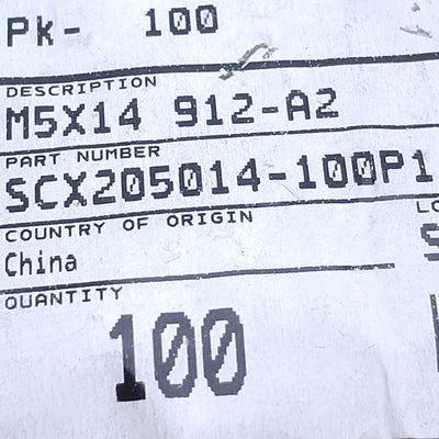New Lot of 100 SCX205014-100P1 SS Socket Head Cap Screw M5 Thread, 14mm Length