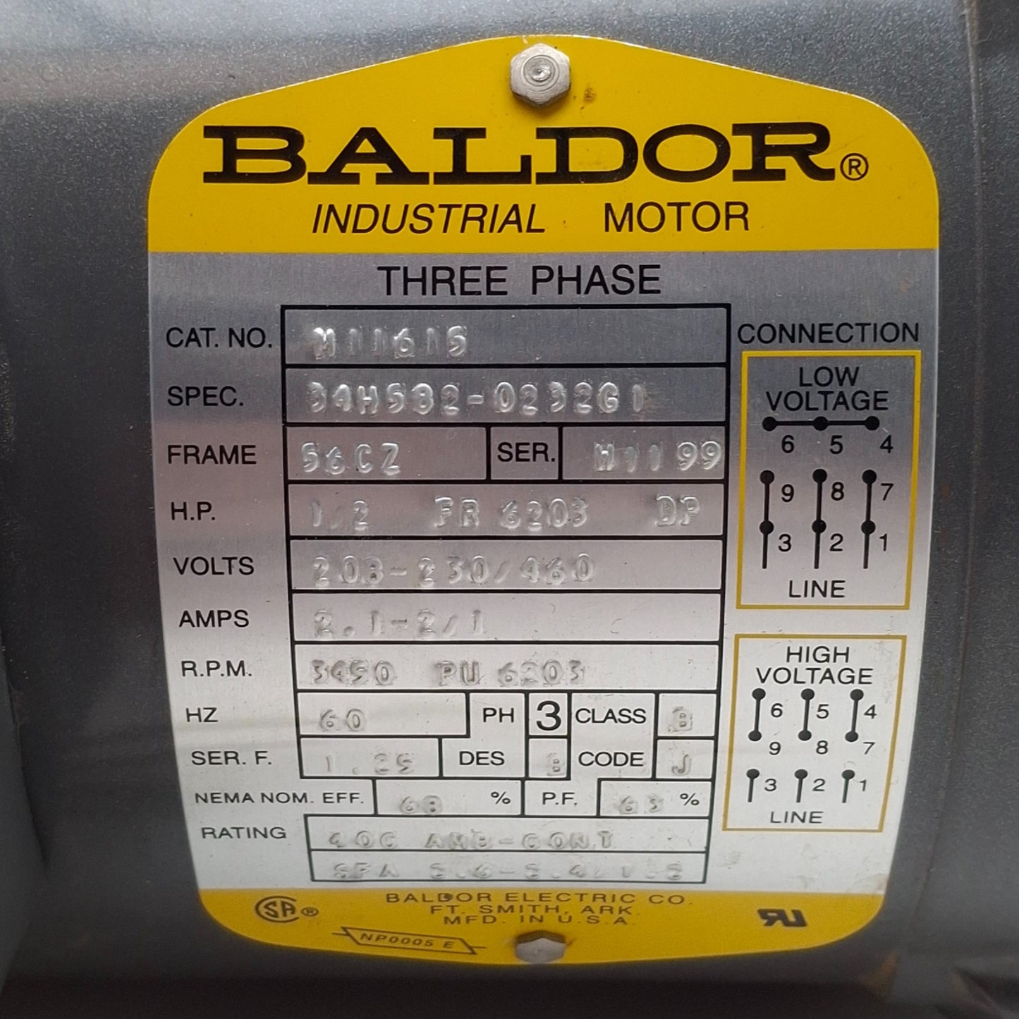 Used Baldor M11615 Pump Motor, 56CZ Frame, 208-230/460VAC 3-Ph, 3450RPM, ø5/8in Shaft