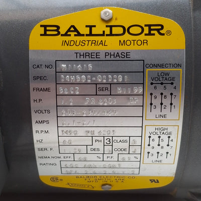 Used Baldor M11615 Pump Motor, 56CZ Frame, 208-230/460VAC 3-Ph, 3450RPM, ø5/8in Shaft