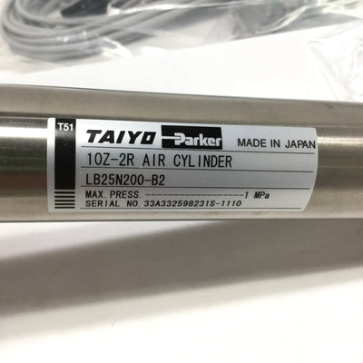 New Taiyo Parker 10Z-2R LB25N200-B2 Air Cylinder Ø25mm Bore, 200mm Stroke w/Switches