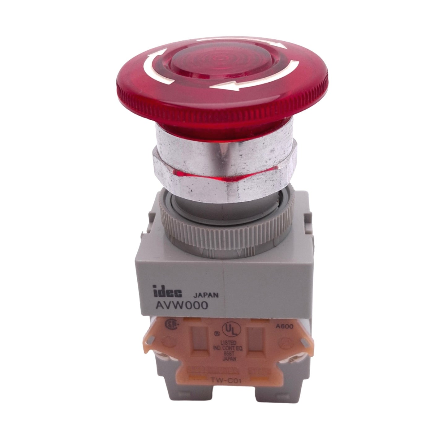 Used IDEC AVW402-R Red Illuminated Push/Twist E-Stop Switch, ø22mm, 2NC, 600V 10A Max