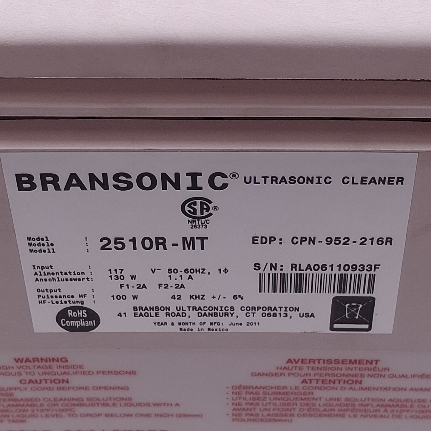 Used Branson 2510R-MT Ultrasonic Bath Cleaner, 3/4 gal., Ambient to 69°C, 117VAC 130W