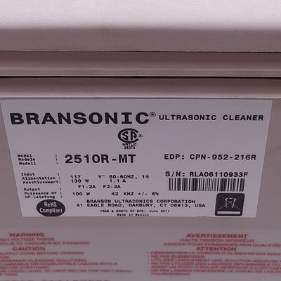 Used Branson 2510R-MT Ultrasonic Bath Cleaner, 3/4 gal., Ambient to 69°C, 117VAC 130W