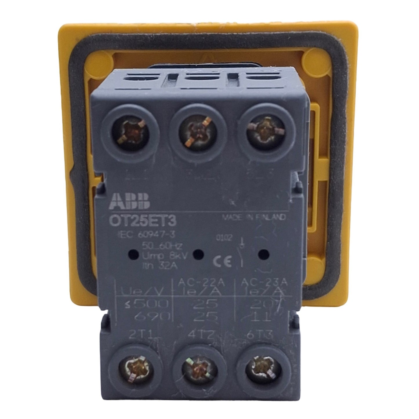 Used ABB OT25ET3 Disconnect Rotary Switch 2-Position, 3-Pole, Panel Mount, 25A 600VAC