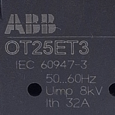 Used ABB OT25ET3 Disconnect Rotary Switch 2-Position, 3-Pole, Panel Mount, 25A 600VAC