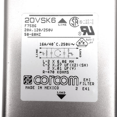 Used Corcom 20VSK6 Power Line EMI Filter, 20A 120/250VAC, 30MHz 48dB Max