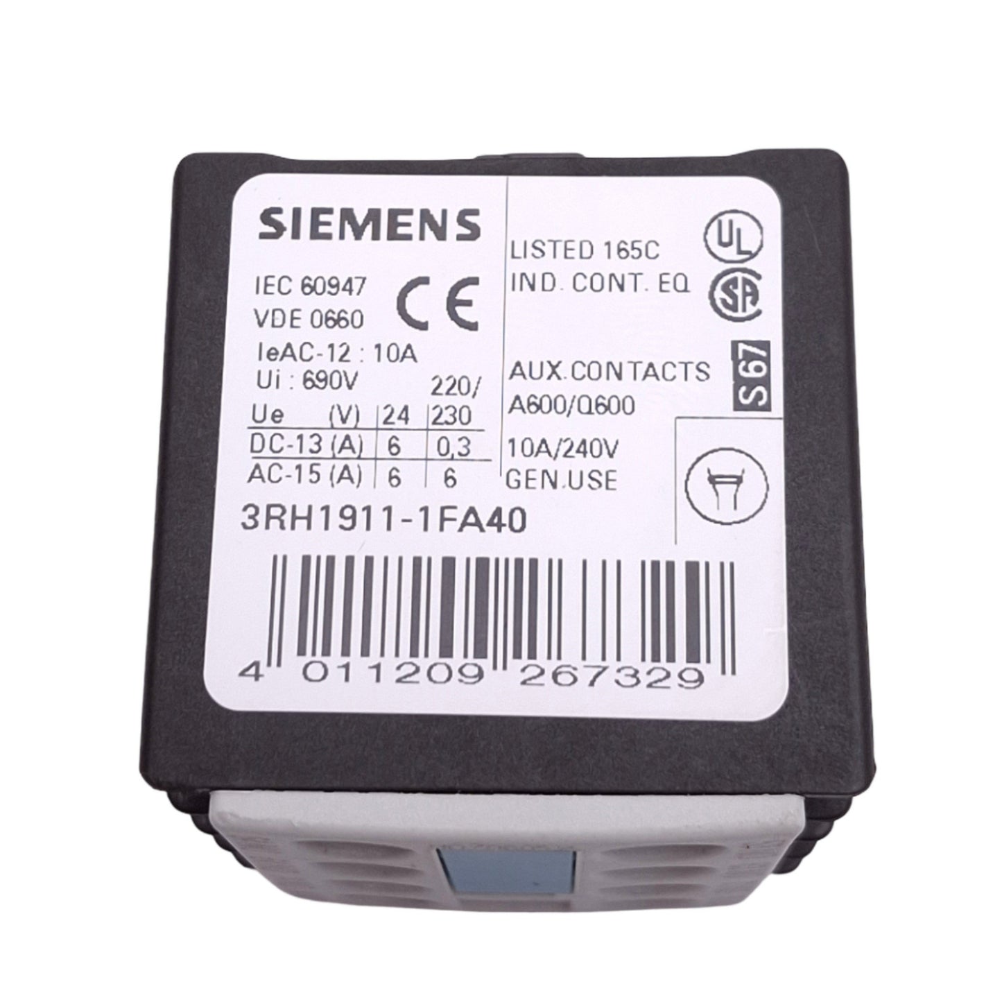 Used Siemens 3RH1911-1FA40 Auxiliary Contact Block, 4 Normally Open, 690VAC 10A Max