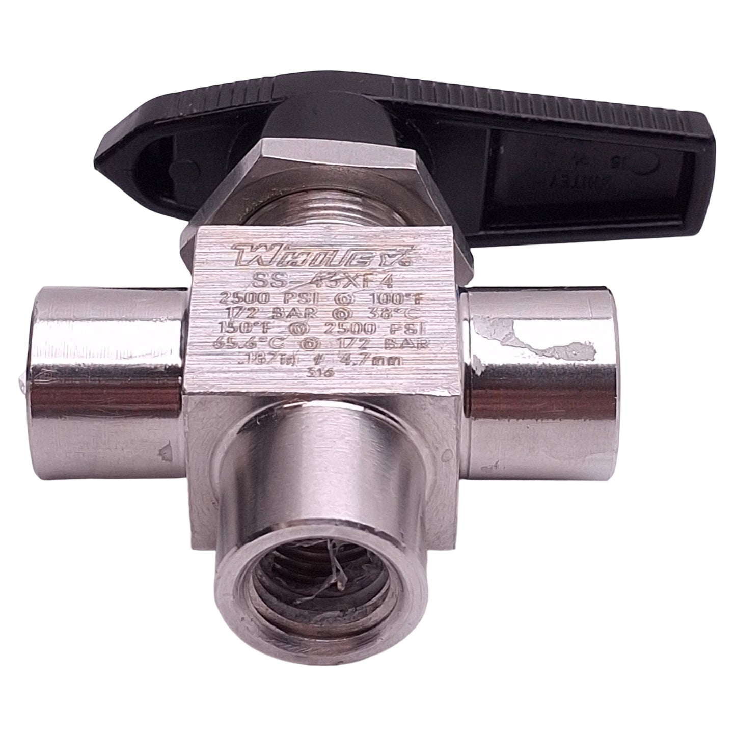 Used Whitey SS-43XF4 Stainless Steel Ball Valve, 3-Way, 1/4in Female NPT, 2500psi Max