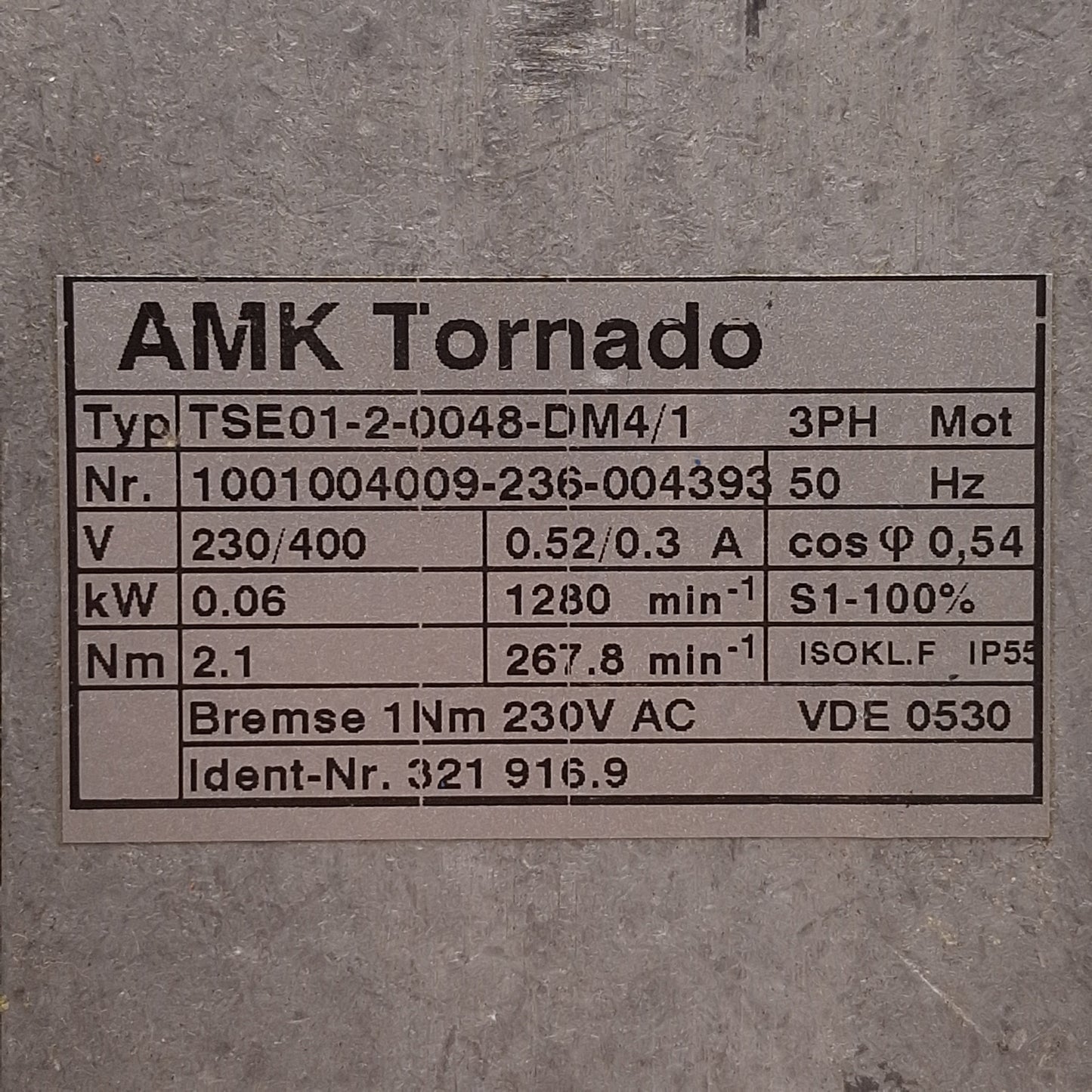 Used AMK TSE01-2-0048-DM4/1 Tornado Servo Motor, 3Ø 230/400VAC 50Hz, 0.06kW, 2.1Nm