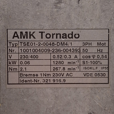 Used AMK TSE01-2-0048-DM4/1 Tornado Servo Motor, 3Ø 230/400VAC 50Hz, 0.06kW, 2.1Nm