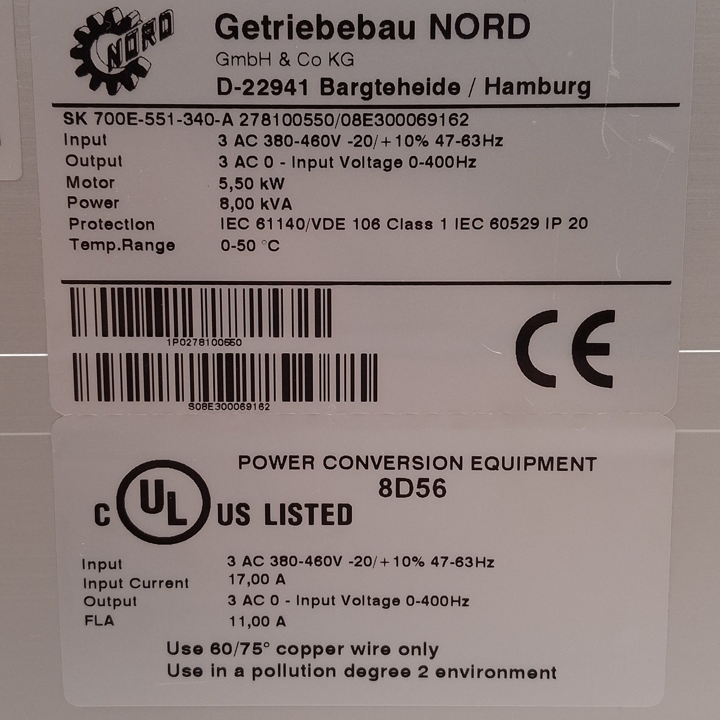 Used Nord SK 700E-551-340-A Inverter, 5.5kW, 3Ø, 380-460VAC In, 0-460VAC Out, 0-400Hz