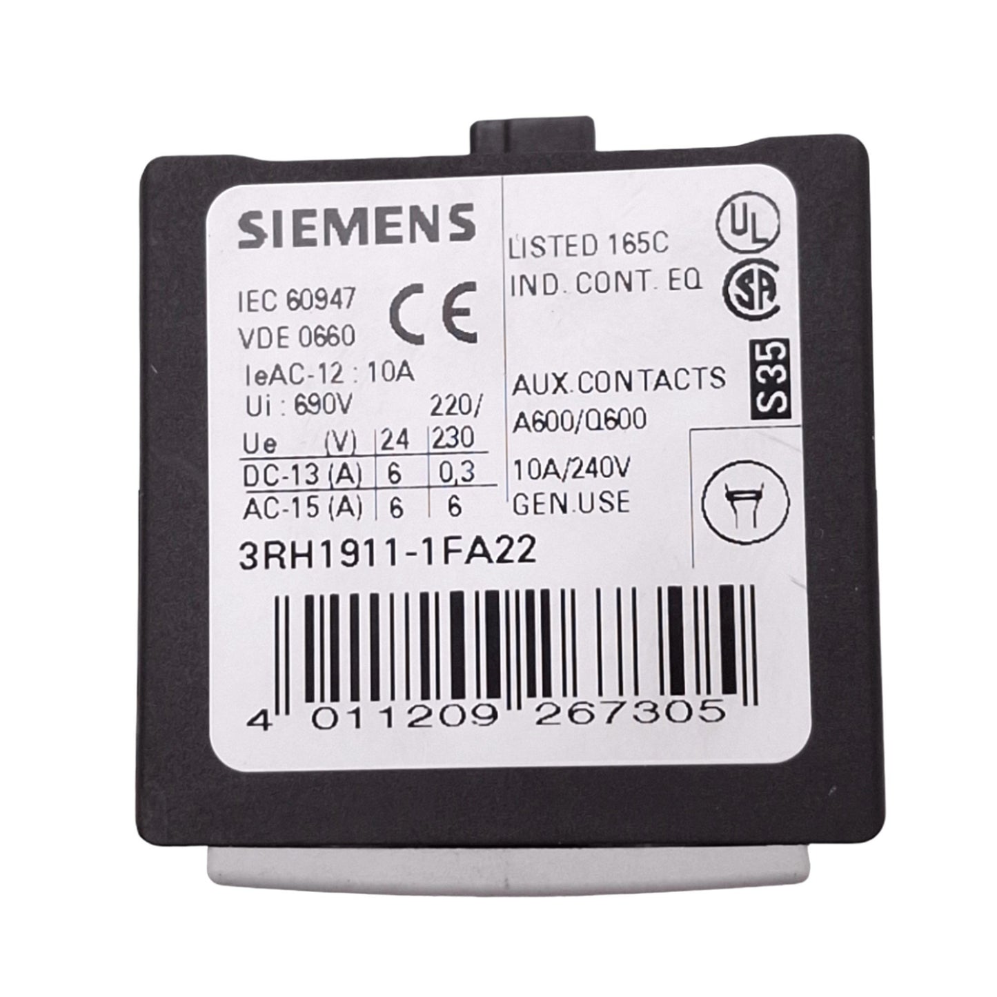 Used Siemens 3RH1911-1FA22 Auxiliary Contact Block, 2NO+2NC, 690VAC 10A Max