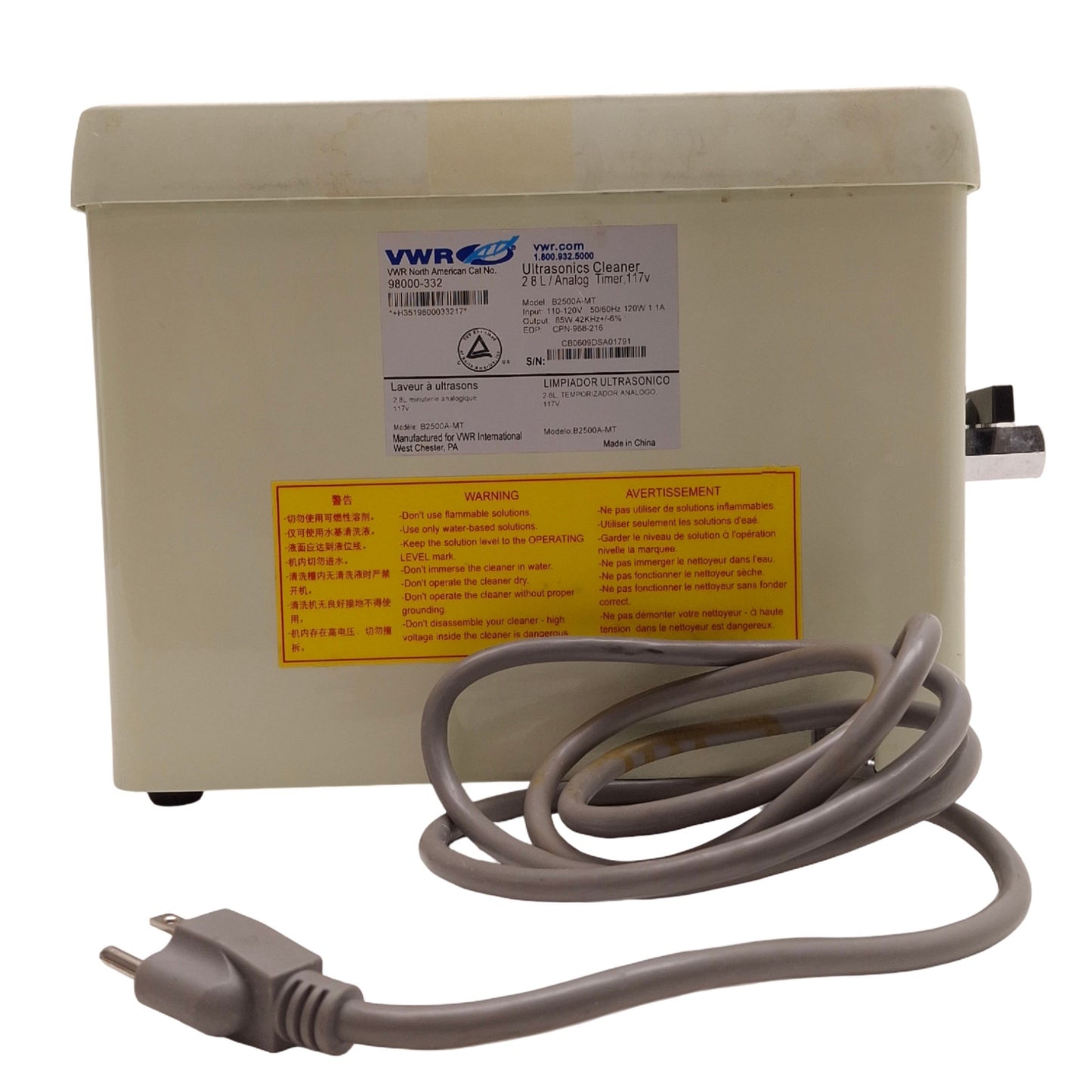 Used VWR B2500A-MT Ultrasonic Cleaner 110V-120VAC Input, 1.1A, 2.8L, 85W Output
