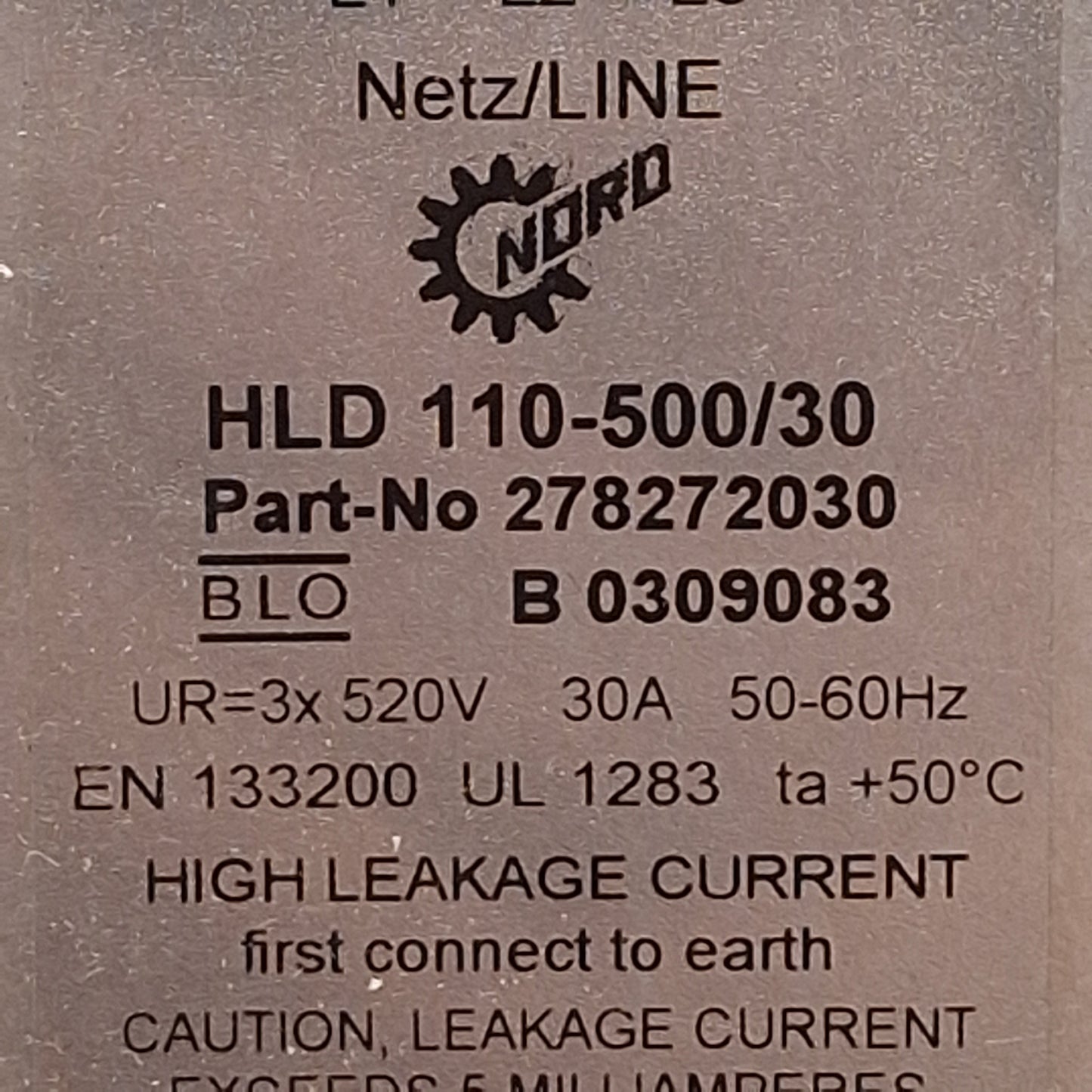 Used Nord HLD 110-500/30 Radio Interference Chassis Line Filter 3Ø 520VAC 30A 50-60Hz