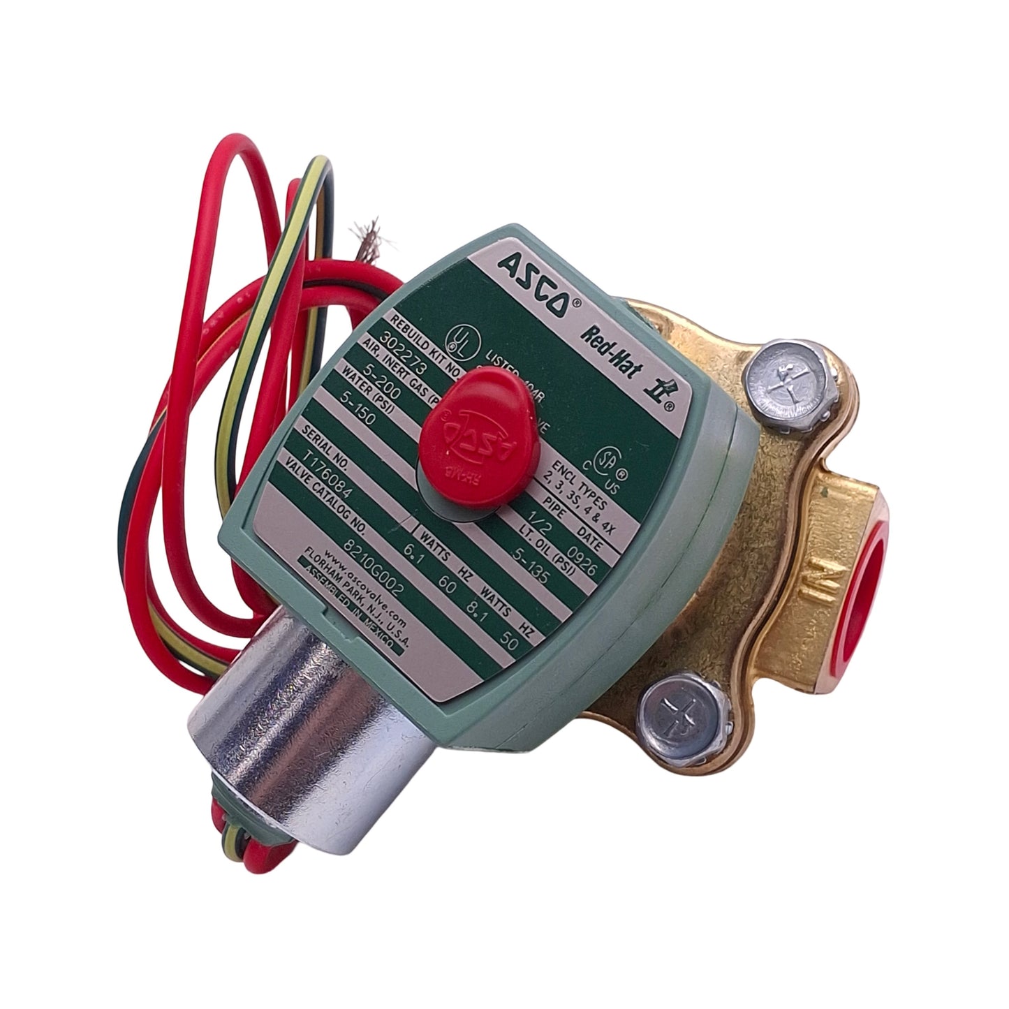 New ASCO 8210G002 Red-Hat Solenoid Valve, 2-Way NC, 1/2" Female NPT, 110-120VAC Coil