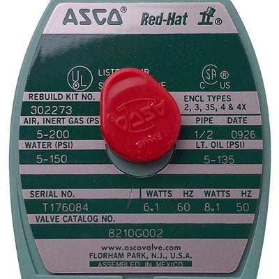 New ASCO 8210G002 Red-Hat Solenoid Valve, 2-Way NC, 1/2" Female NPT, 110-120VAC Coil
