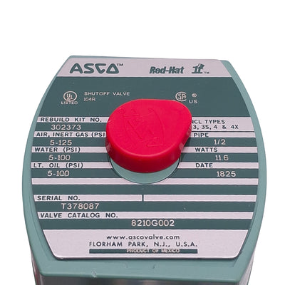 New ASCO 8210G002 Red-Hat Solenoid Valve, 2-Way N.C, 1/2in Female NPT, 24VDC Coil