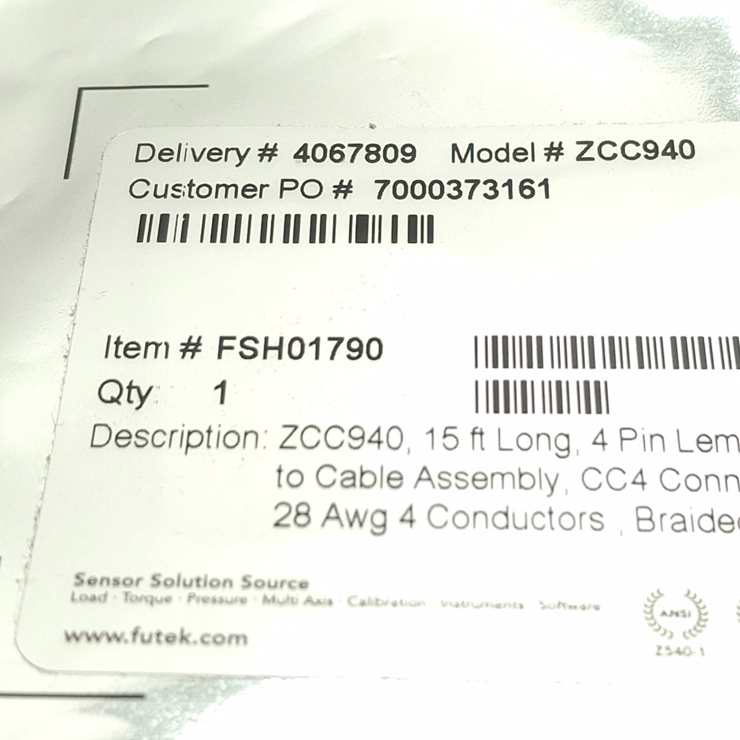 New Futek FSH01790 Cable Assembly, 4-pin LEMO Male to Flying Leads, 15ft, ZCC940