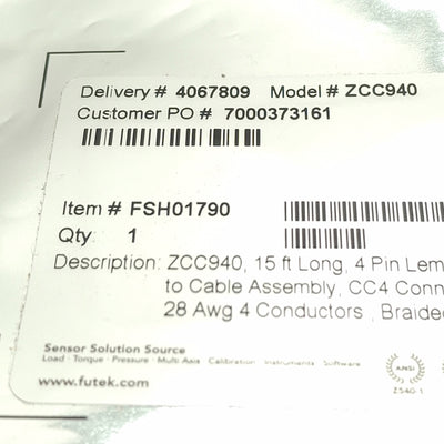 New Futek FSH01790 Cable Assembly, 4-pin LEMO Male to Flying Leads, 15ft, ZCC940