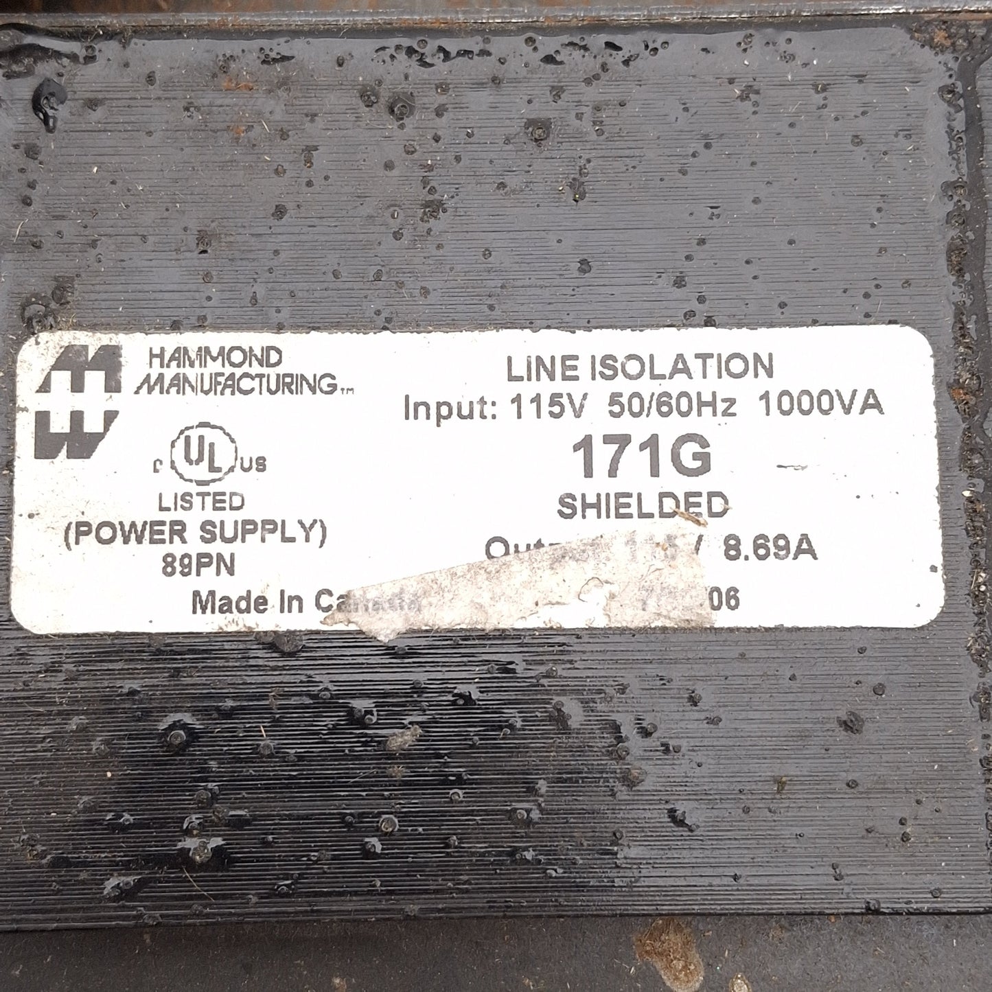 Used Hammond 171G Plug-In Isolation Transformer, 1000VA, 115VAC Prim/Sec, NEMA 5-15