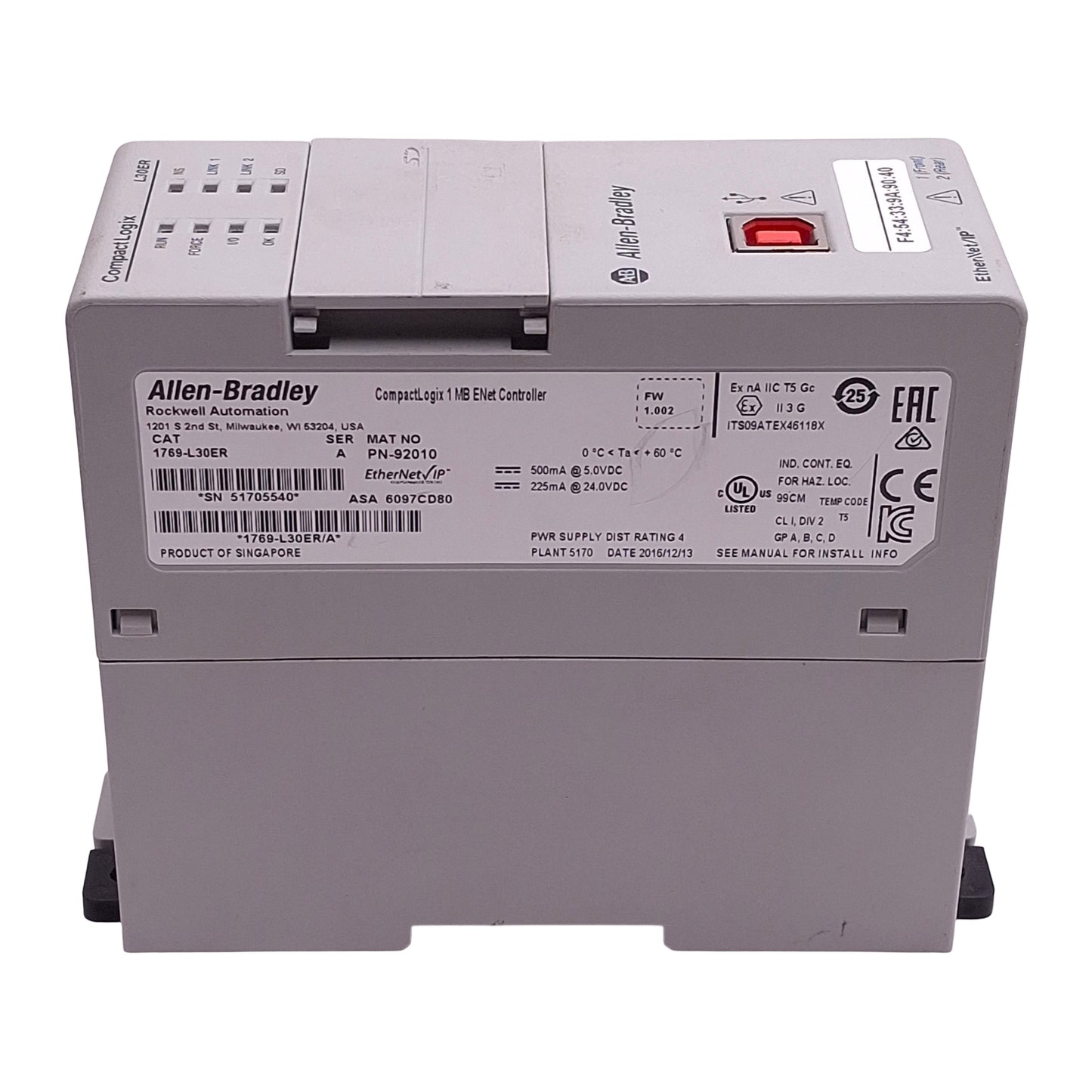 Used Allen Bradley 1769-L30ERM CompactLogix PLC Motion Controller, 1MB User Memory