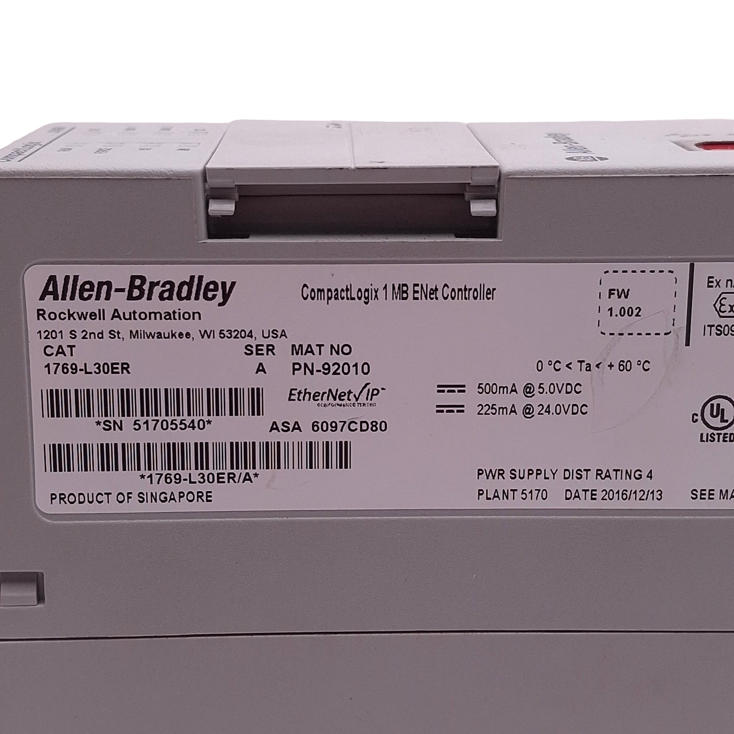 Used Allen Bradley 1769-L30ERM CompactLogix PLC Motion Controller, 1MB User Memory