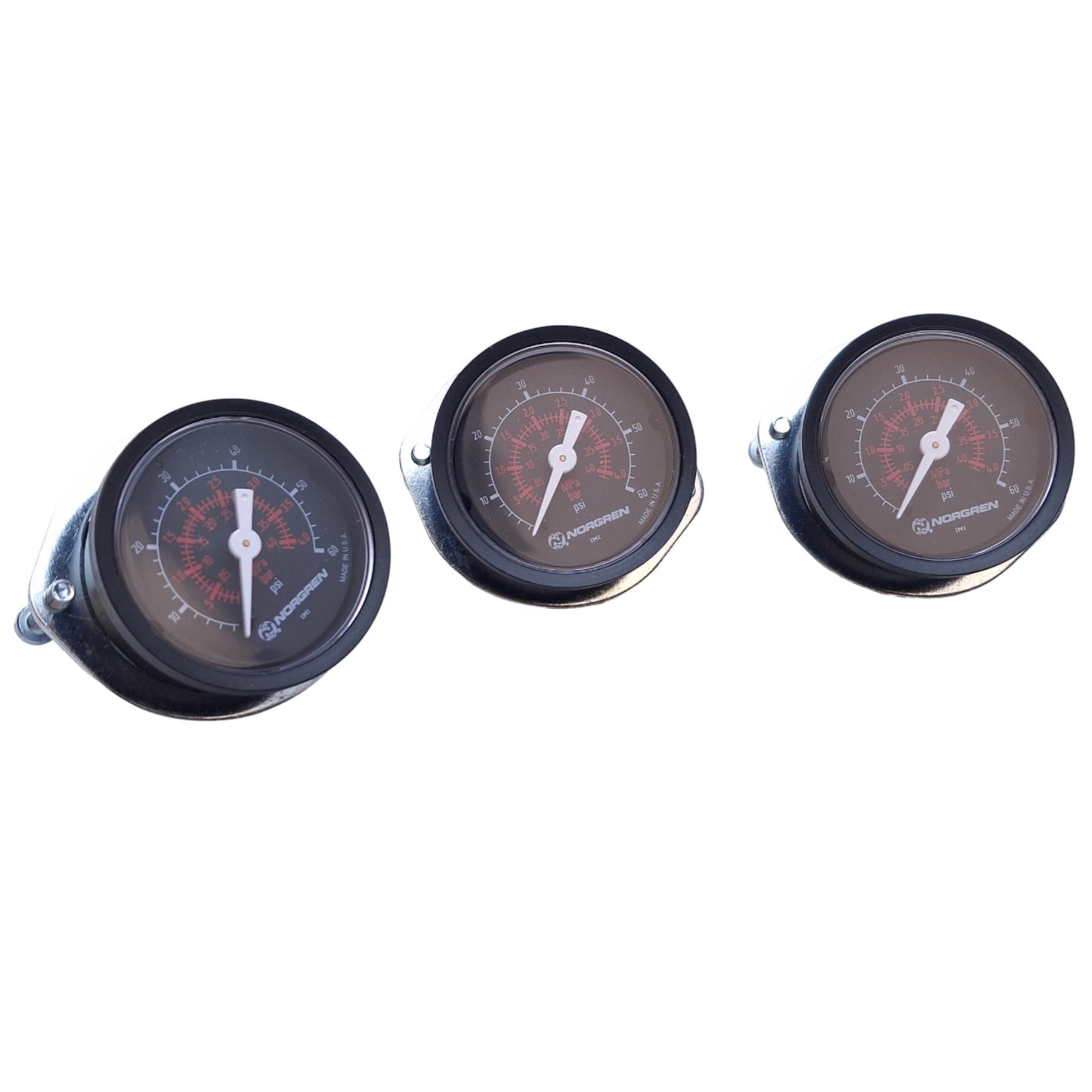 Used Lot of 3 Norgren 18-015-211 Air Pressure Gauge 1/8" NPT Port, 60psi, 0.4Mpa