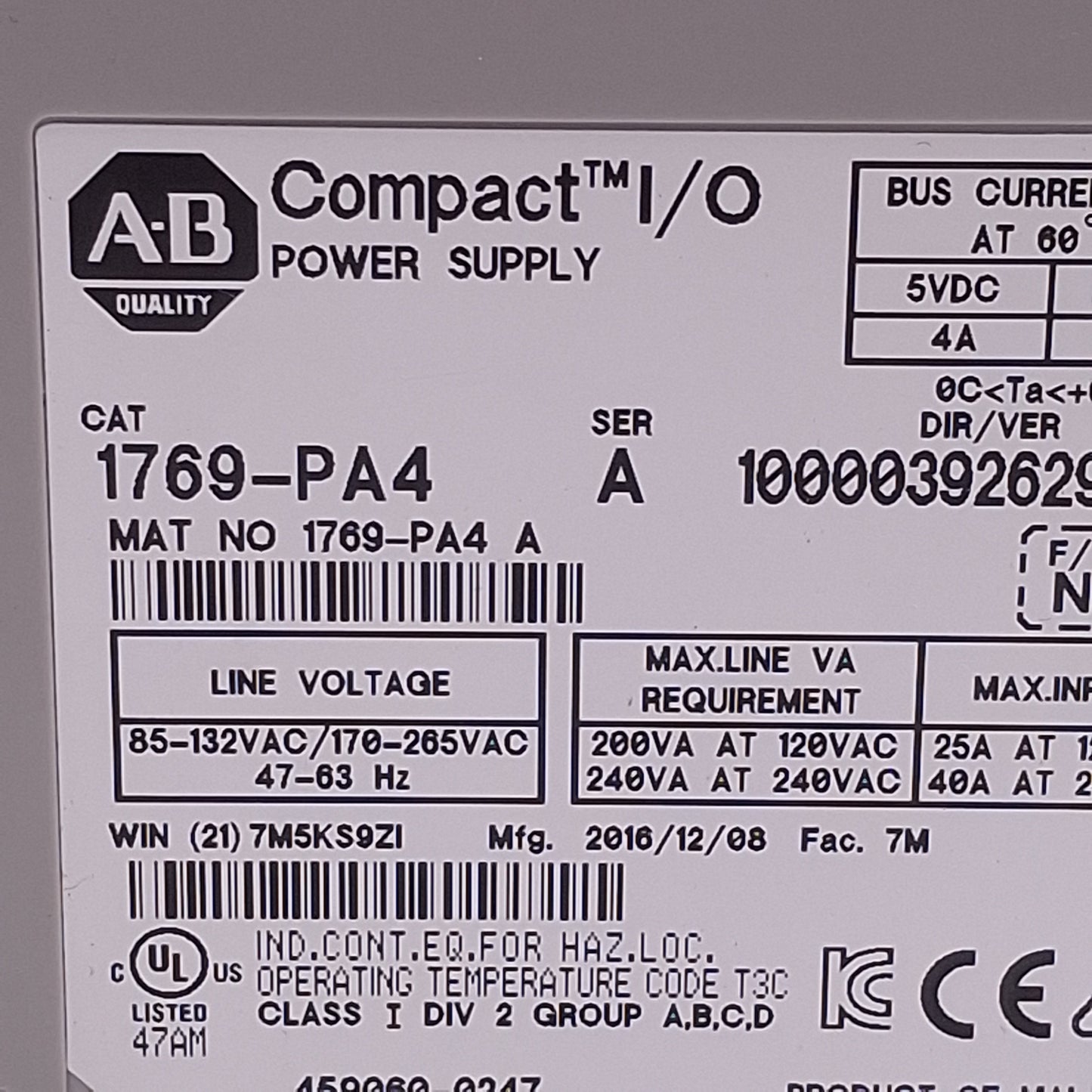 Used Allen Bradley 1769-PA4 PLC Power Supply, 120/240VAC In, 4A 5VDC/1.7A 24VDC Out
