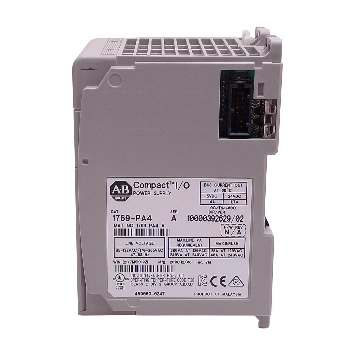 Used Allen Bradley 1769-PA4 PLC Power Supply, 120/240VAC In, 4A 5VDC/1.7A 24VDC Out