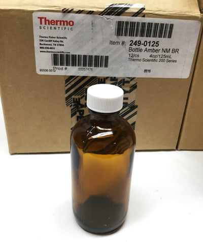New – Open box Lot of 23 Thermo Scientific 249-0125 Amber Narrow Mouth Glass Bottles 125mL /4oz