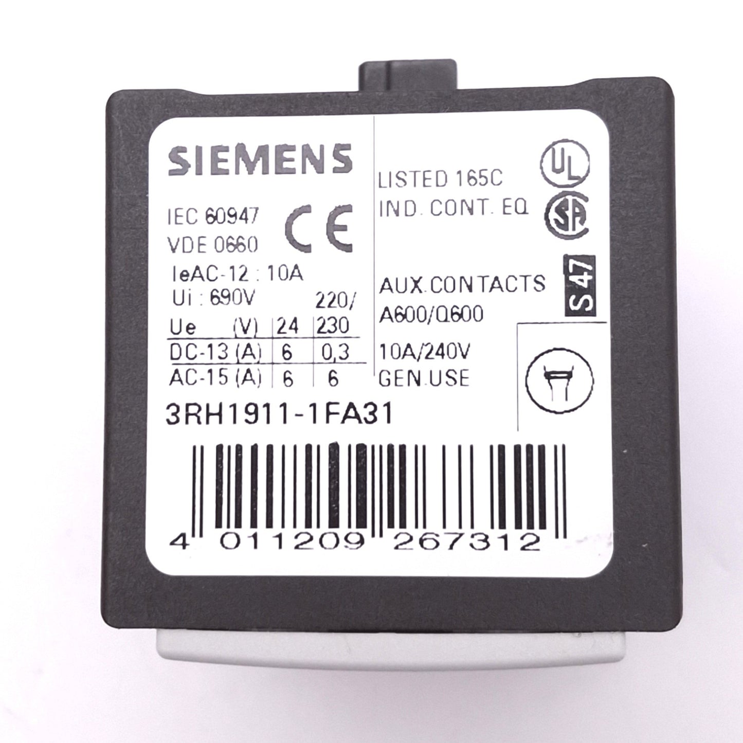 Used Siemens 3RH1911-1FA31 Auxiliary Contact Block, 3NO 1NC, 690VAC 10A Max
