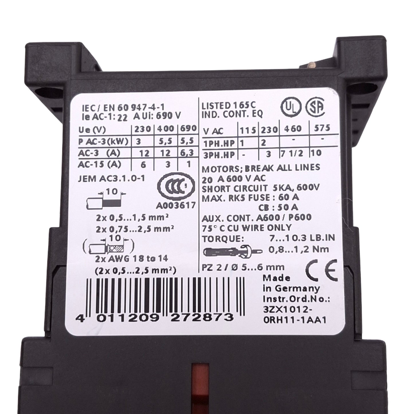 Used Siemens 3RT1017-1BB42 Contactor, 3-Pole, 1NC Aux, 400VAC 12A Max, 24VDC Coil