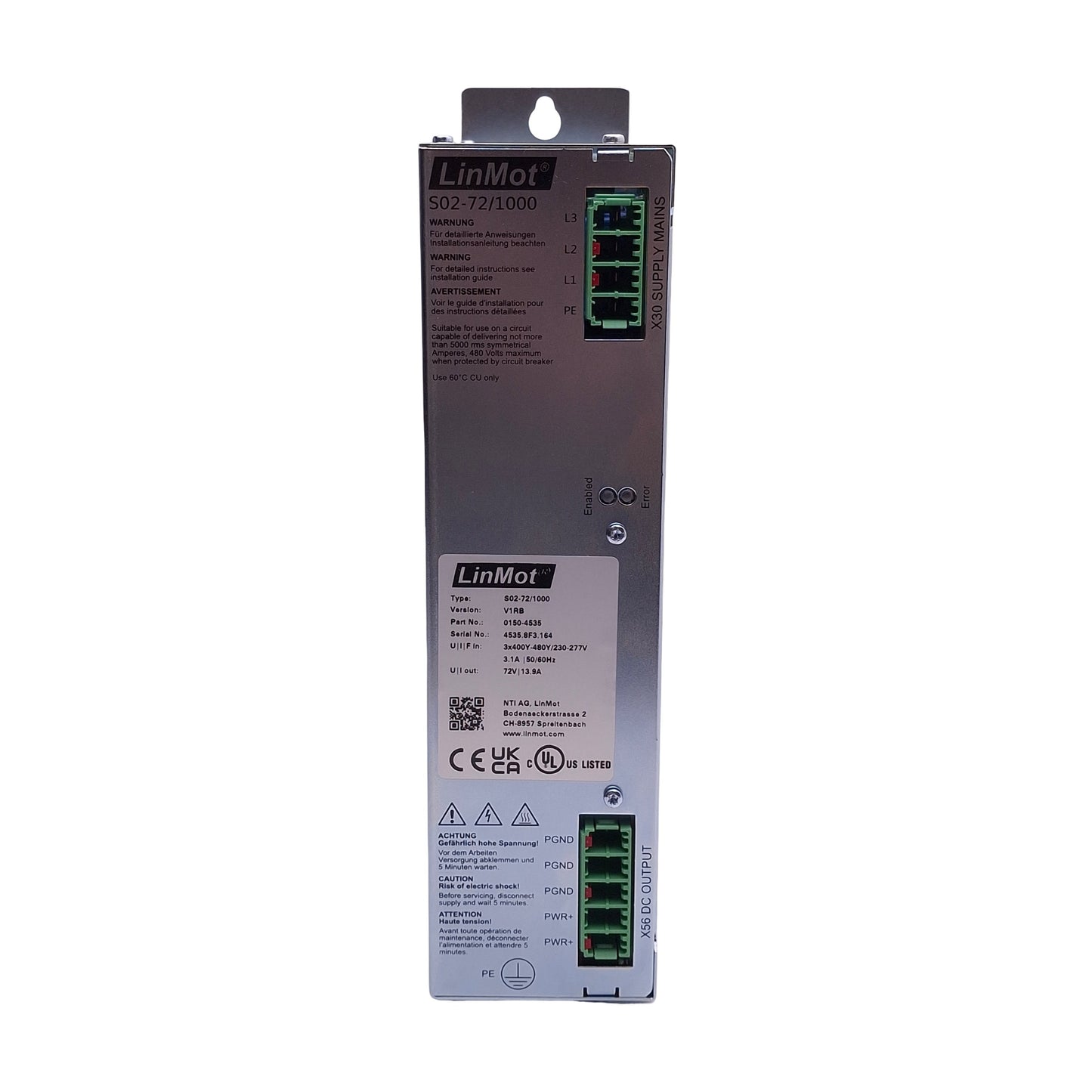 New LinMot S02-72/1000 0150-4535 Power Supply, 3x400-480VAC In 13.9A 72VDC 1000W Out