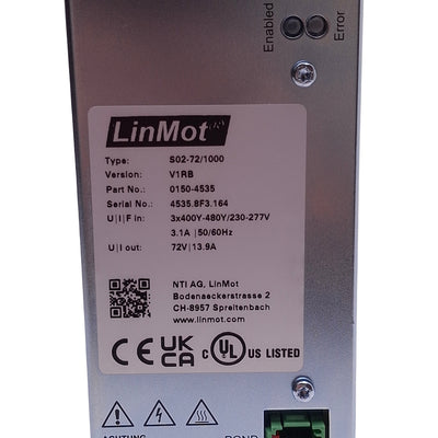 New LinMot S02-72/1000 0150-4535 Power Supply, 3x400-480VAC In 13.9A 72VDC 1000W Out