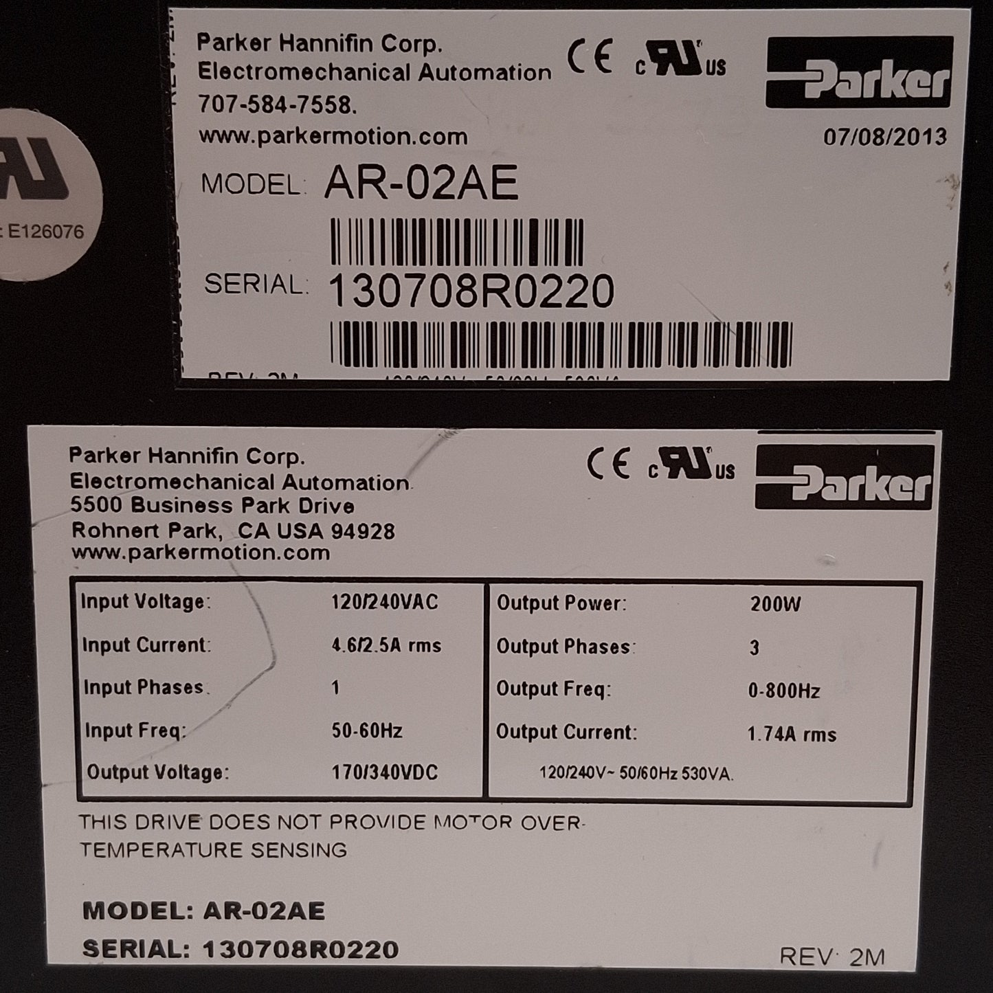 Used Parker AR-02AE Aries Servo Drive, 200W, 1Ø 120/240VAC In, 3Ø 170/340VDC Out