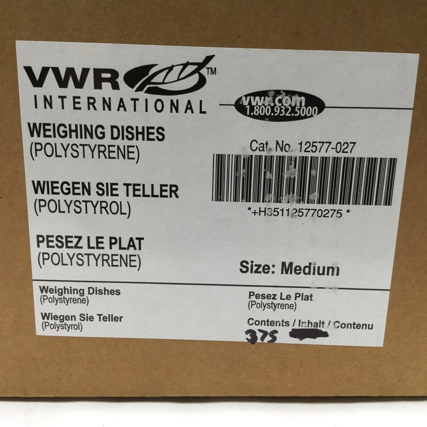 New – Open box Lot of 375 VWR 12577-027 Disposable Weighing Dishes, Medium, Polystyrene, 100mL